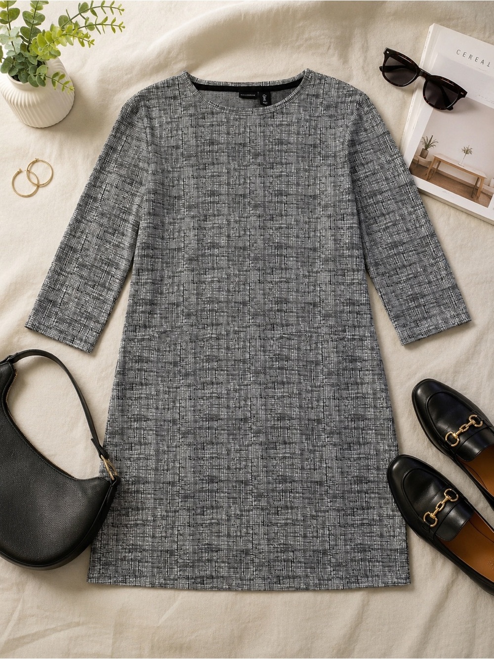 Mercer & Madison Textured Dress Gray Black 3/4 Sleeve Career Chic Workwear Large